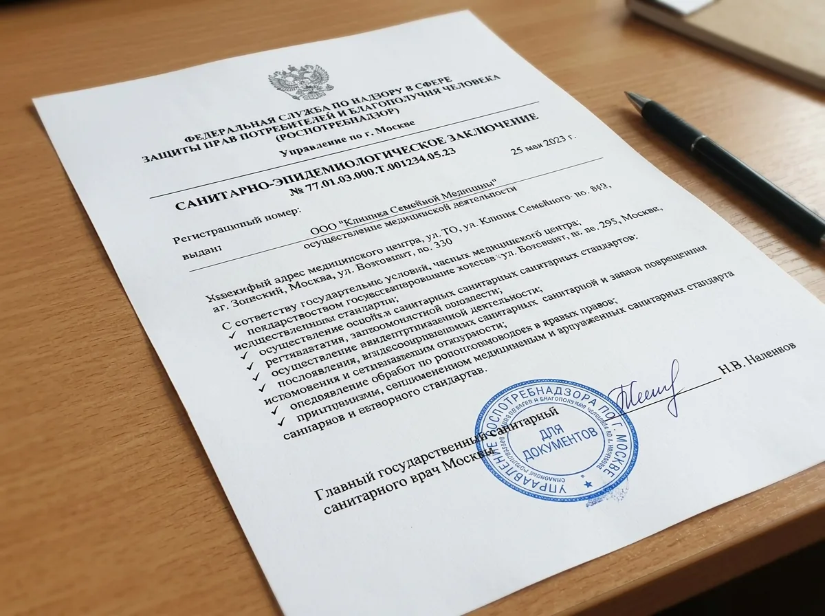 Санитарно-эпидемиологическое заключение Роспотребнадзора на деятельность медицинского центра, официальный документ с синей печатью